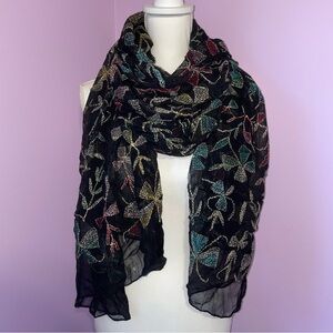 Embroidered Chiffon Georgette Large Scarf Rainbow Boho Preppy Eclectic Artsy